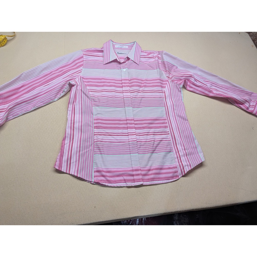 Foxcroft Sport Women Blouse Size 8 Striped Pink Green White Wrinkle Free Cotton